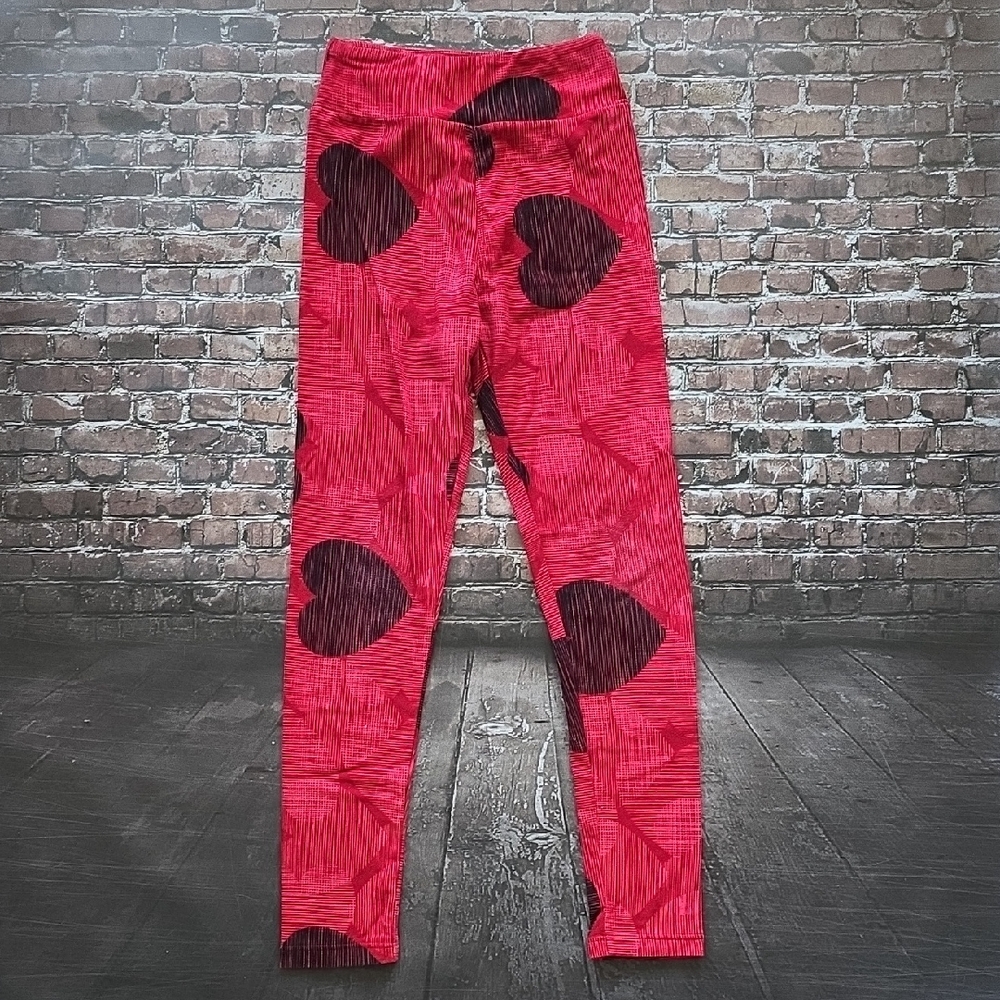 LuLaRoe Girls' Hot Pink Leggings with Dark Heart Print - Tween